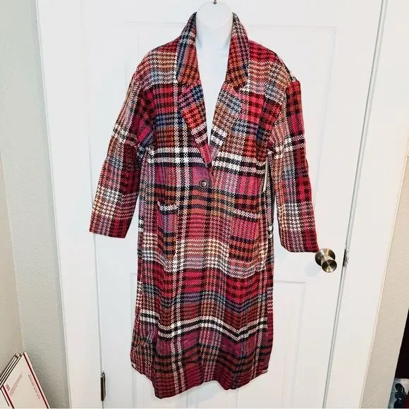 Red Dress Boutique Aura Ready For Change Berry Plaid Coat Oversized Pink Blue S - Picture 6 of 13